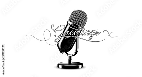 Vintage Microphone with "Greetings" Text - Retro Audio Recording and Broadcasting Concept