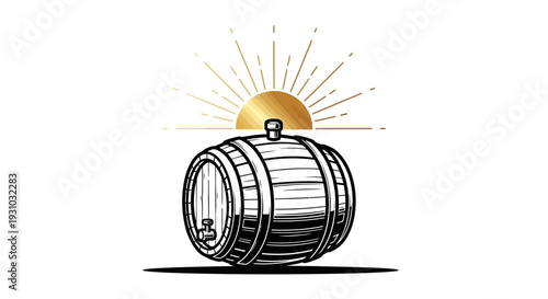 Vintage Wooden Barrel with Golden Sunburst Rays, Craft Beverage Production
