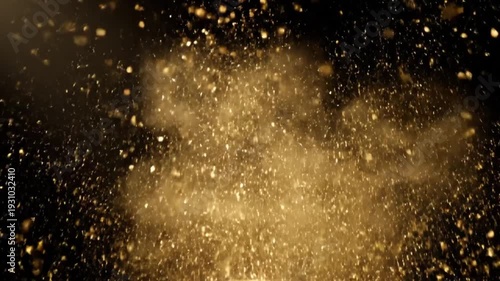 A stunning burst of shimmering golden glitter and dust erupts from below against a dark background, slowly dispersing and falling.