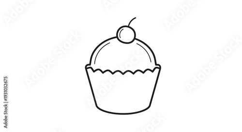 Simple Outline Drawing of a Cupcake with Cherry on Top