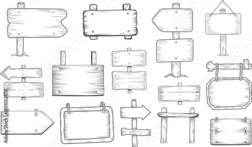 Collection of various blank rustic wooden signs and directional pointers sketches
