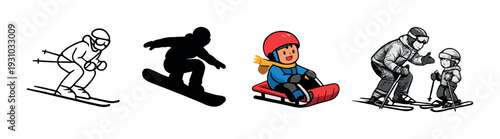 Skiing, snowboarding and child sledding icons on dark backdrop