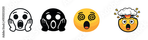 Four emoji faces showing shock dizziness and mind explosion on dark