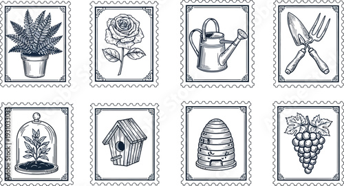 Set Of Nine Gardening And Horticulture Illustrations With Border Decorative Designs