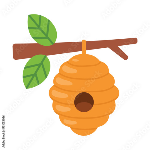 Whimsical Bee House Design on a Sturdy Tree Branch with Green Foliage