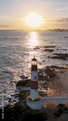 Itapua Lighthouse At Salvador In Bahia Brazil. Sunset Landscape. Itapua Lighthouse. Travel Destinations. Itapua Lighthouse In Salvador In Bahia Brazil. Nature Seascape.