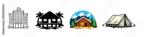 Hotel cabin tent and bungalow accommodation icons on dark background