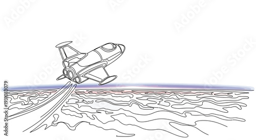 Retro spaceship launching over abstract alien landscape, science fiction concept art