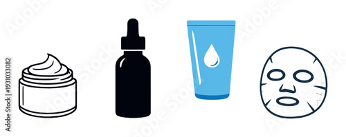 Skincare containers including cream jar and mask on gray background