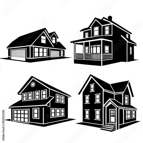 Set of black and white vector illustrations depicting various styles of residential houses, including suburban homes with garages and porches, perfect for real estate.