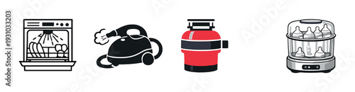 Home appliance icons for cleaning and sterilizing on gray field