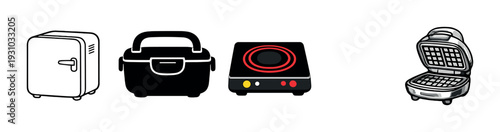 Kitchen appliance icons showing mini fridge hot plate and waffle maker