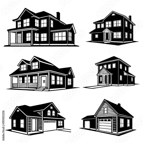 Group of black and white vector illustrations representing different types of suburban houses, ideal for real estate marketing and architectural design.