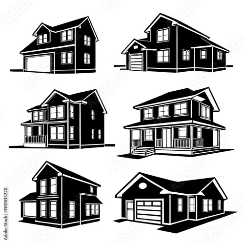 Collection of black and white vector illustrations of diverse house styles, showcasing suburban residential homes with architectural details for real estate concepts.