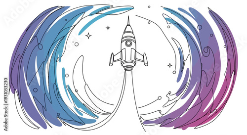 Rocket Launching into Space with Colorful Swirls and Stars
