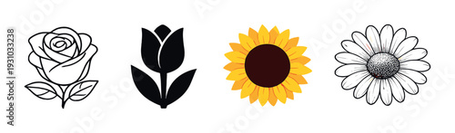 Four flower icons showing rose tulip sunflower and daisy on gray field