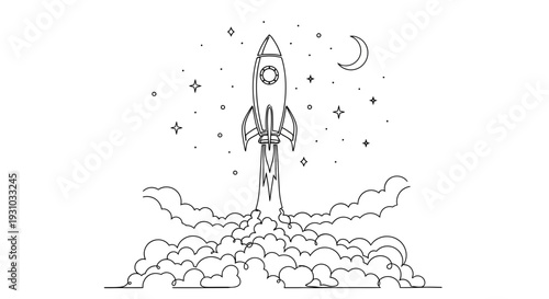 Rocket Launching into Space with Stars and Moon, Smoke and Clouds