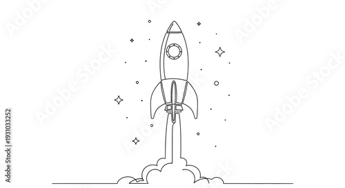 Rocket Launching into Space with Stars and Smoke - Minimalist Line Art