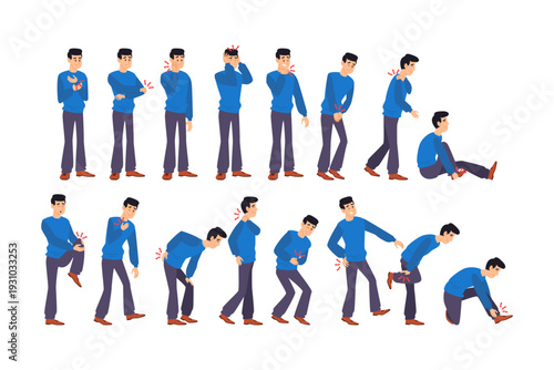 Different types of human pain gesture pose symptoms set collection. Ankle sprain, back, cheek, elbow, foot, pain, groin, headache, hip, knee, leg, cramp, neck, stomachache, wrist, throat, sore.
