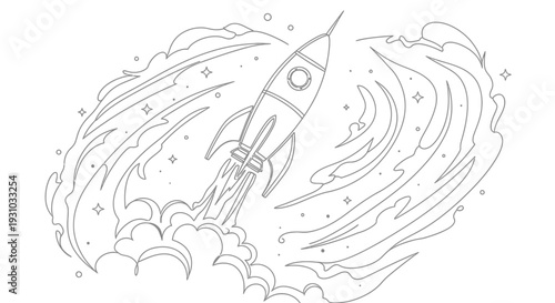Rocket Launching into Space with Stars and Swirling Clouds Illustration