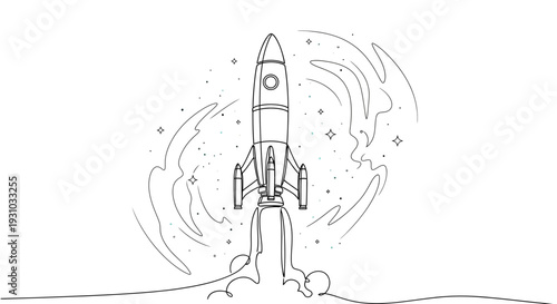 Rocket Launching into Space with Stars and Swirling Energy