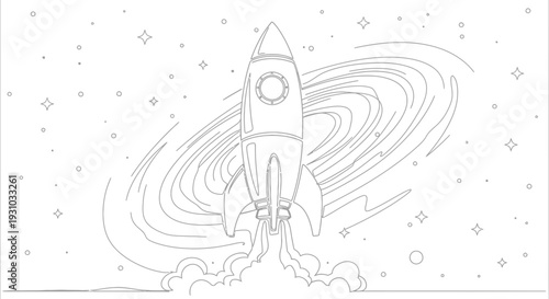 Rocket Launching into Space with Swirling Galaxy and Stars - Line Art Illustration