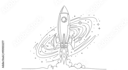 Rocket Launching into Space with Swirling Galaxy and Stars