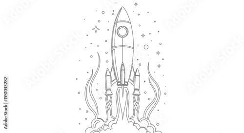 Rocket Launching into Space, Cartoon Style, Stars and Smoke Illustration