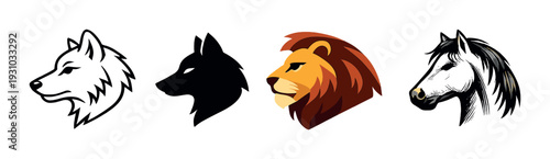 White wolf, black silhouette, lion and horse heads on gray background