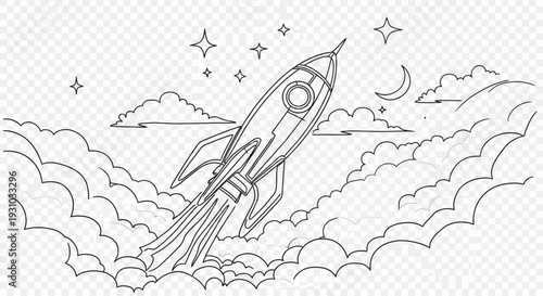 Rocket Launching into Space, Clouds, Stars and Moon - Line Art
