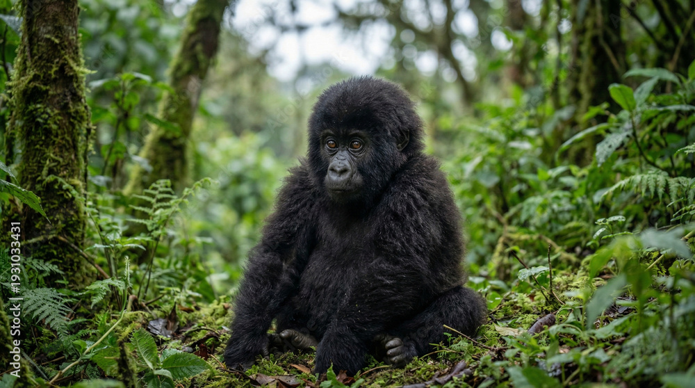 Fototapeta premium Young mountain gorilla sitting in dense tropical rainforest foliage