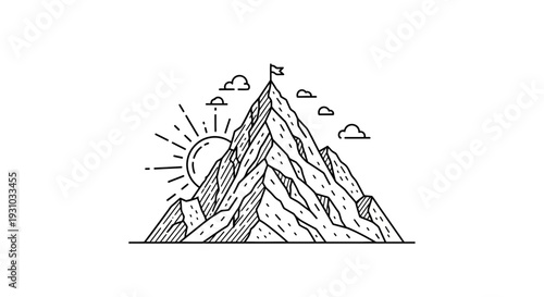 Mountain Peak Summit Success Flag Sunrise Clouds Line Art Illustration