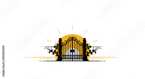 Mysterious Ornate Gate Silhouette at Sunset with Sunburst - Entrance to the Unknown