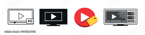 Video play icons with pricing tag and streaming players on gray