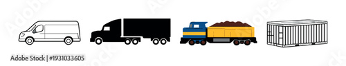 Van truck train and container icons on dark background