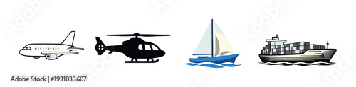 Airplane helicopter sailboat and cargo ship icons on dark background