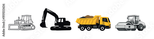 Construction vehicles arranged on dark gradient background