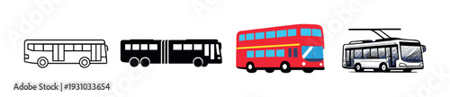 Different buses displayed including double decker on dark background