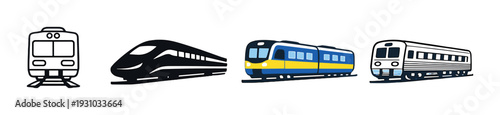 Multiple trains including high speed and commuter on dark background