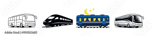 Public transport icons including buses and trains on dark