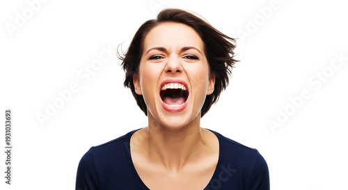 Angry woman with short brown hair shouting loudly with her mouth wide open on white background.