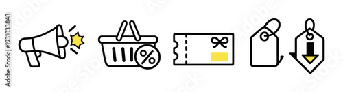 Retail icons showing promotion coupon price tags on dark background