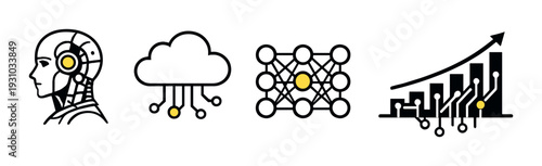 Ai icons showing cloud neural network analytics on dark background