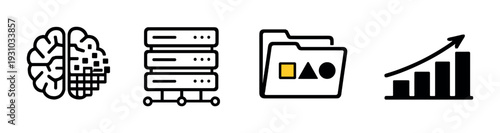 Data icons showing brain server folder and growth chart on dark