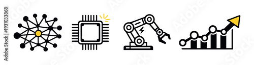 Ai hardware and robotics icons illustrating growth on dark background
