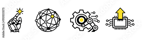 Tech icons showing touch network automation hardware upgrade on dark
