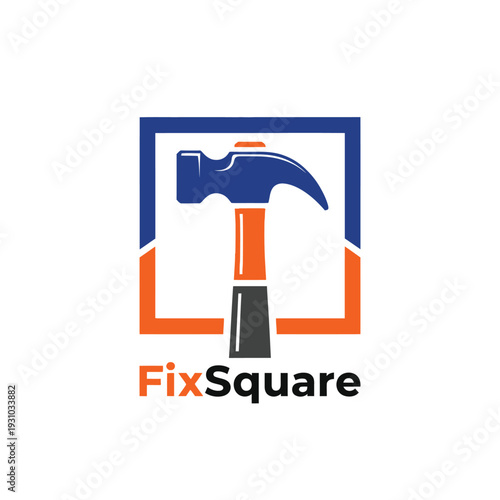 Modern hammer tool inside square frame logo for home renovation repair FixSquare