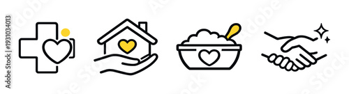 Medical cross, house care, food bowl and handshake on dark background