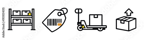 Warehouse shelf, price tag, pallet jack and box icons on gray