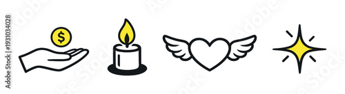 Hand with coin, candle, winged heart and star on dark background